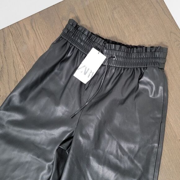 🆕 Zara Faux Leather Wide Pleated Elastic Belted Waist Culottes in Black - Picture 5 of 11